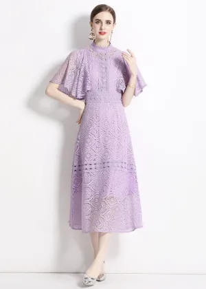 Chic Purple Stand Collar Hollow Out Patchwork Lace Dresses Butterfly Sleeve LY7418