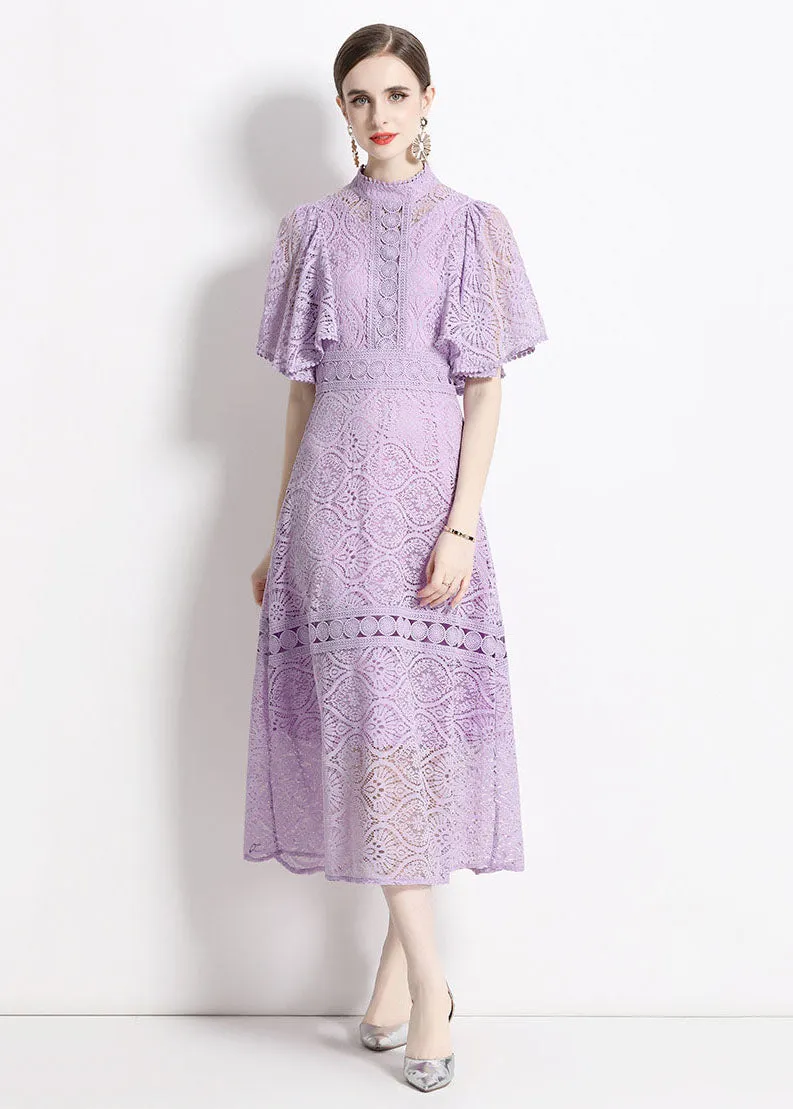 Chic Purple Stand Collar Hollow Out Patchwork Lace Dresses Butterfly Sleeve LY7418