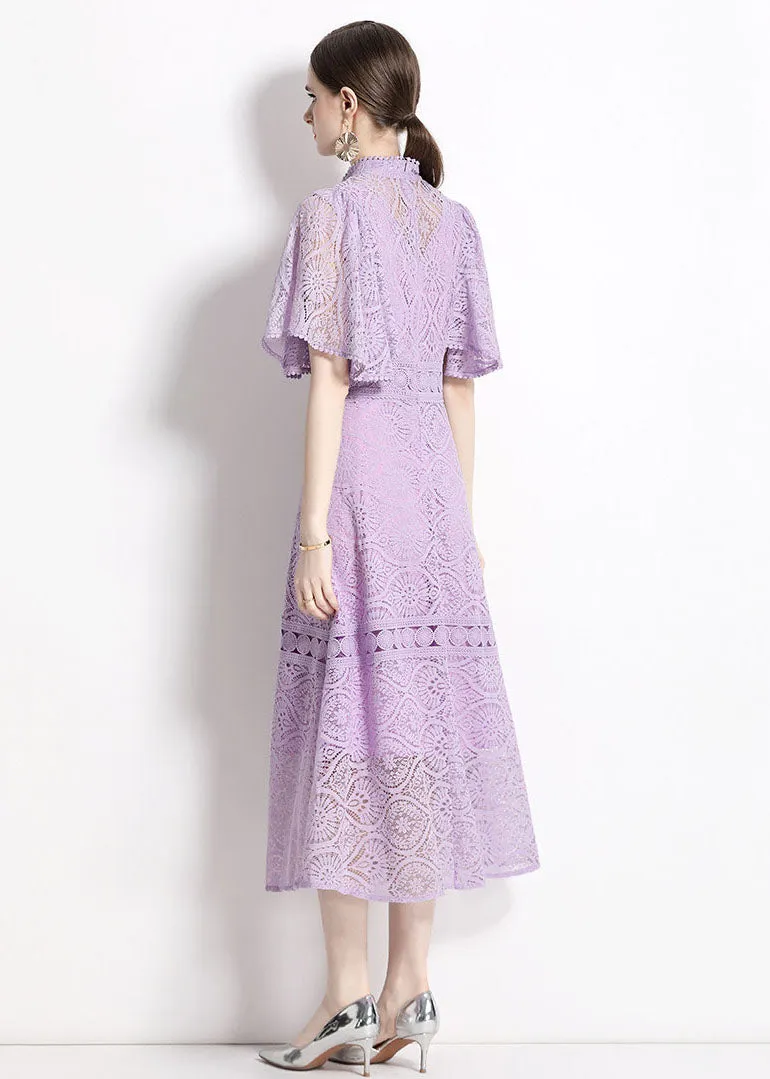 Chic Purple Stand Collar Hollow Out Patchwork Lace Dresses Butterfly Sleeve LY7418