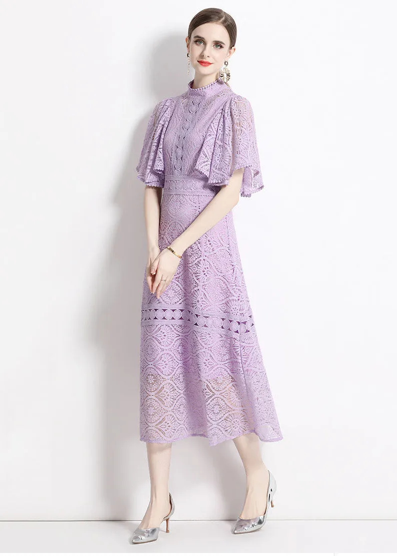 Chic Purple Stand Collar Hollow Out Patchwork Lace Dresses Butterfly Sleeve LY7418