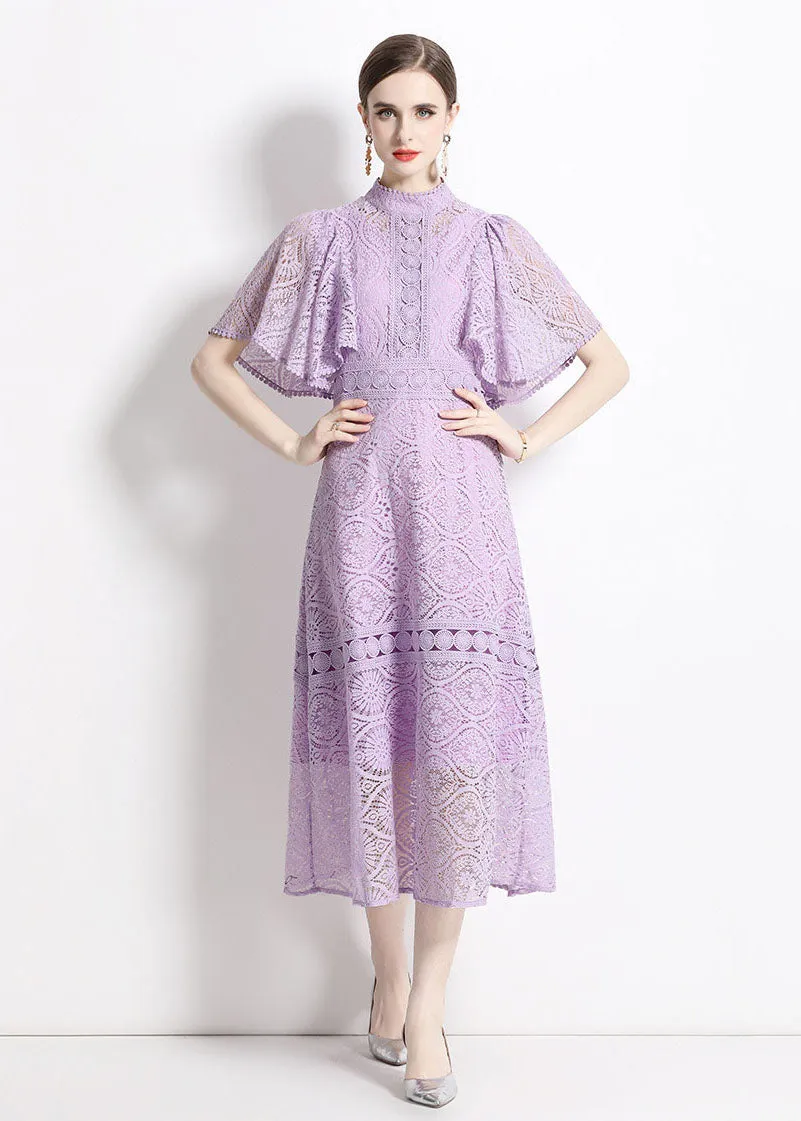 Chic Purple Stand Collar Hollow Out Patchwork Lace Dresses Butterfly Sleeve LY7418