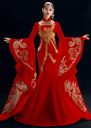 Chinese Style Red Embroideried Patchwork Silk Dresses Long Sleeve ML1513