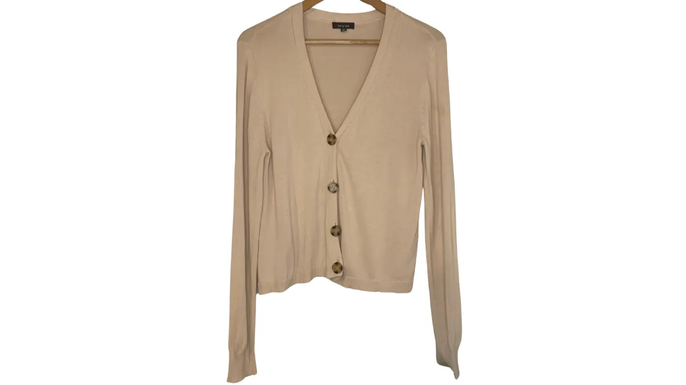 Classic Beige Button-Up Cardigan Sweater, M