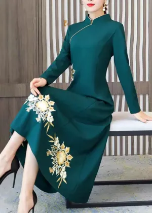 Classy Green Embroideried Patchwork Cotton Maxi Dresses Fall ML0890