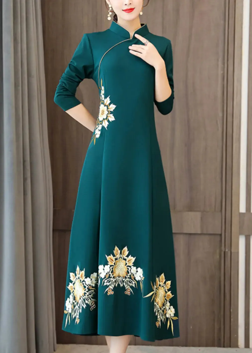 Classy Green Embroideried Patchwork Cotton Maxi Dresses Fall ML0890