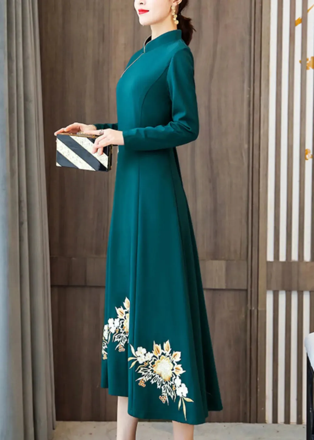 Classy Green Embroideried Patchwork Cotton Maxi Dresses Fall ML0890