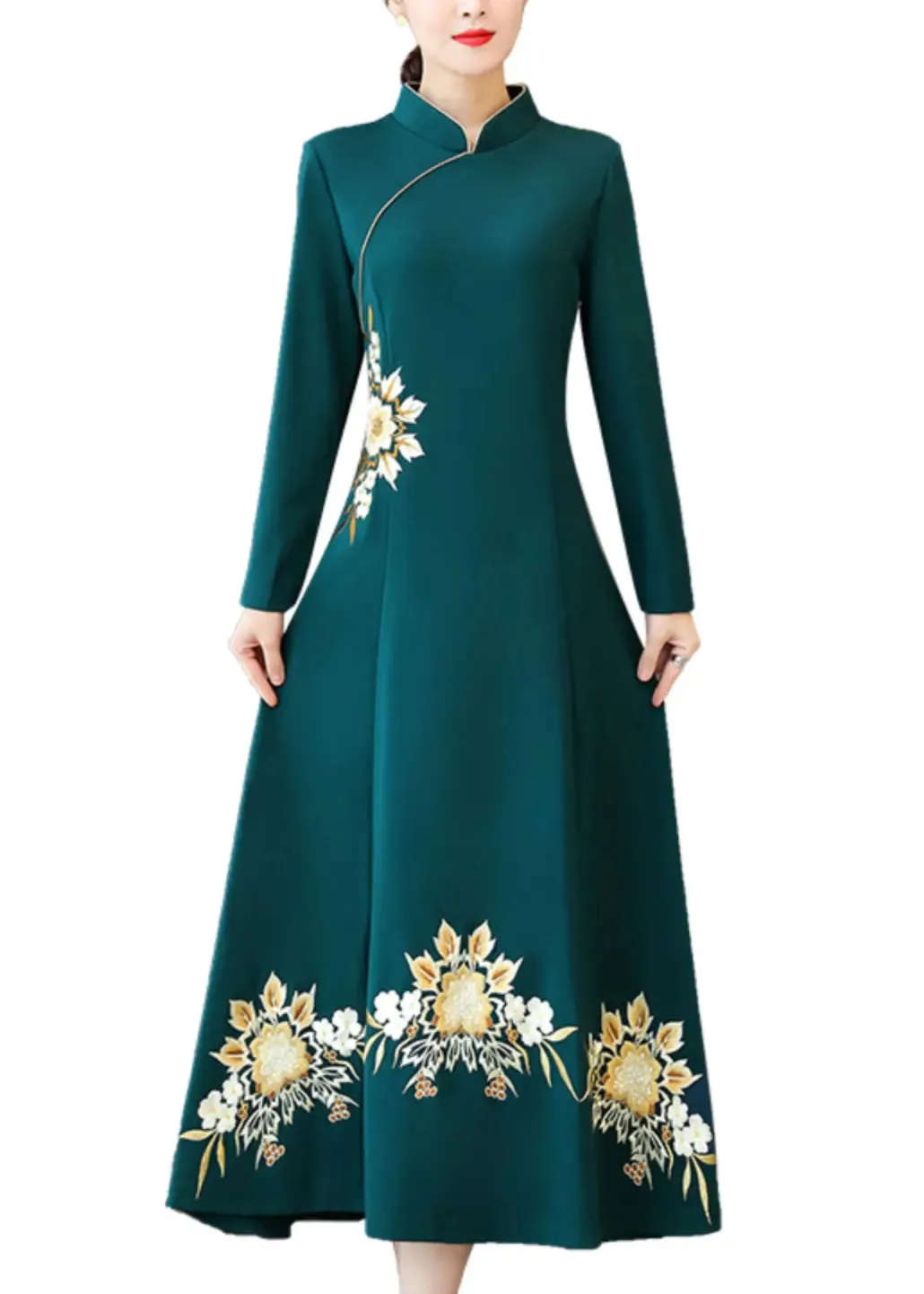 Classy Green Embroideried Patchwork Cotton Maxi Dresses Fall ML0890