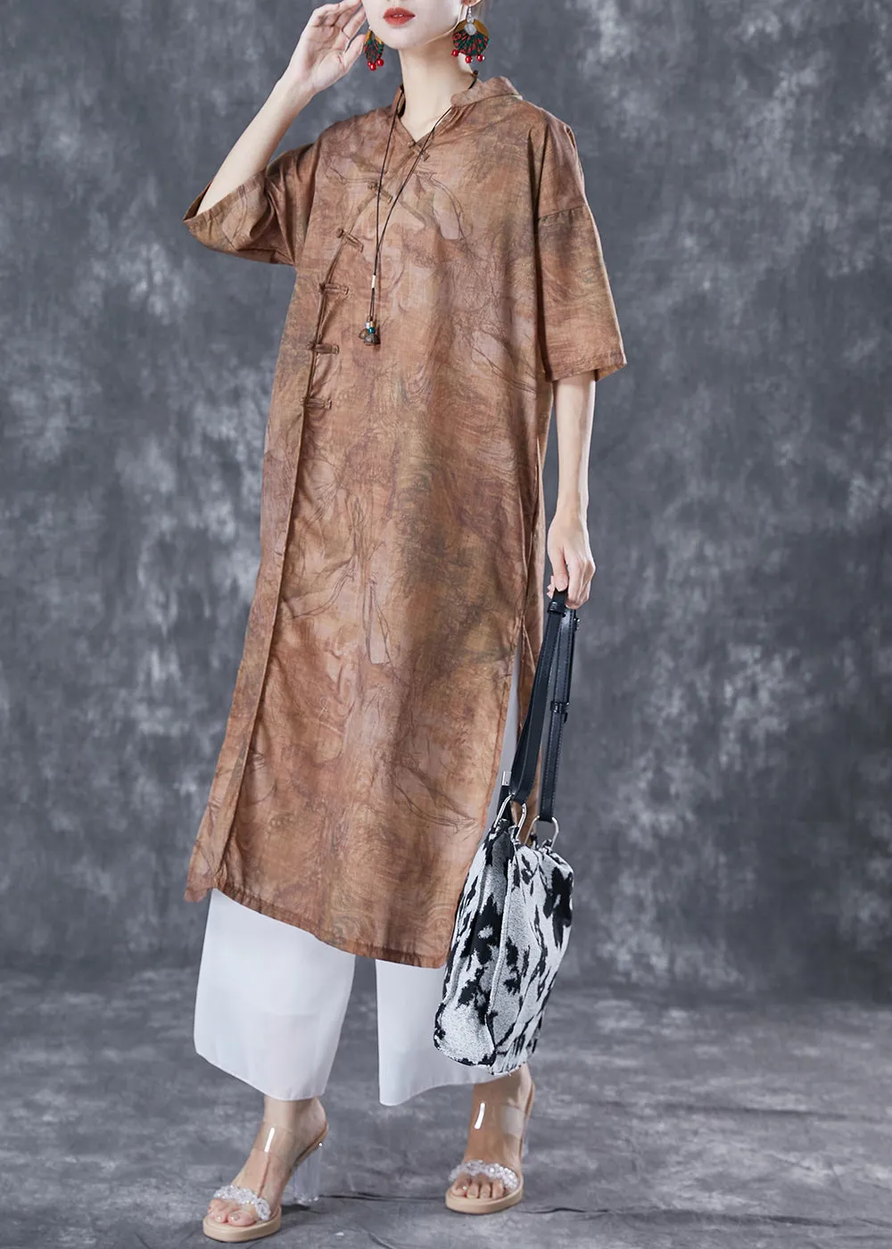 Coffee Print Oriental Linen Long Dresses V Neck Side Open Summer TA1053