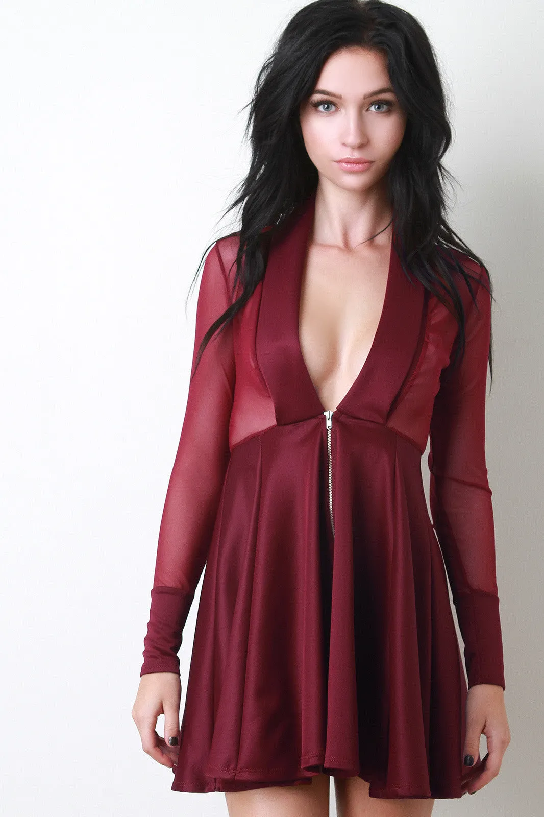 Deep V-Neck Mesh Contrast Long Sleeves Fit And Flare Dress