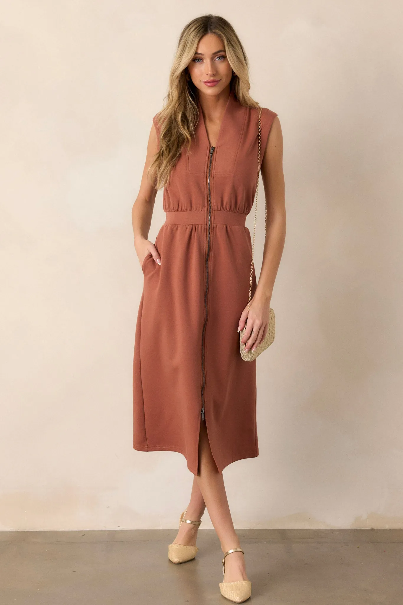 Distant Sun Terracotta Sleeveless Midi Dress