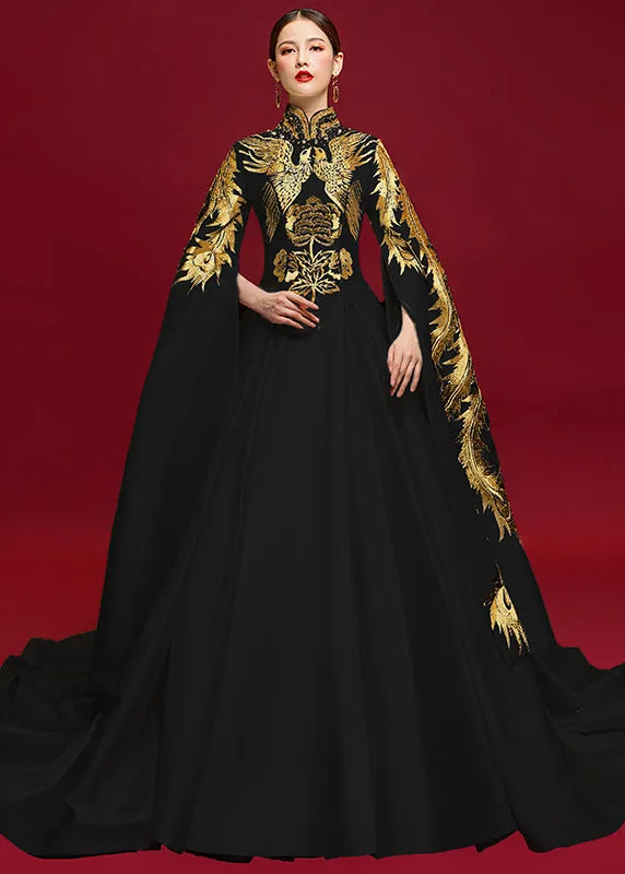 Elegant Black Stand Collar Embroideried Patchwork Silk Vacation Dresses Fall ML1533