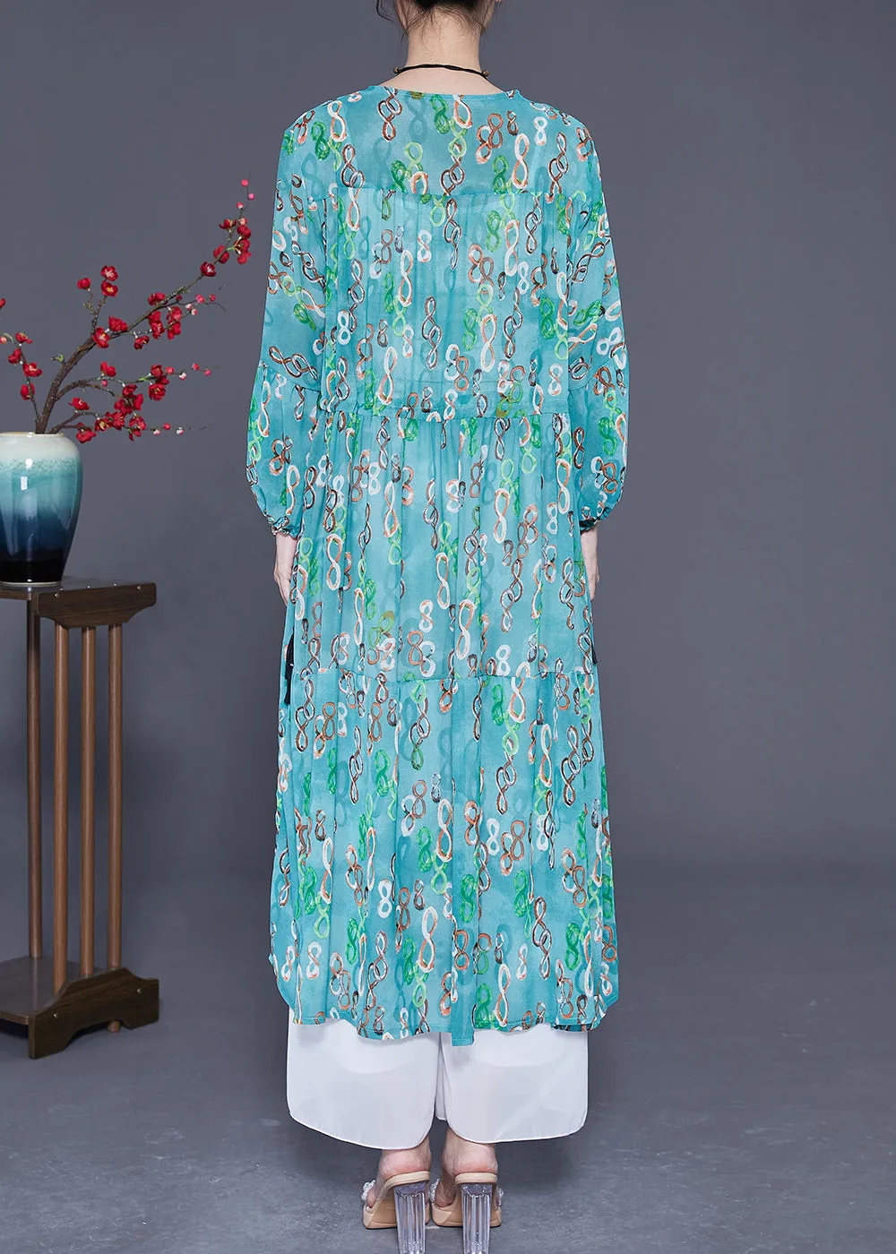 Elegant Green Cinched Print Chiffon Long Dresses Summer LY3613