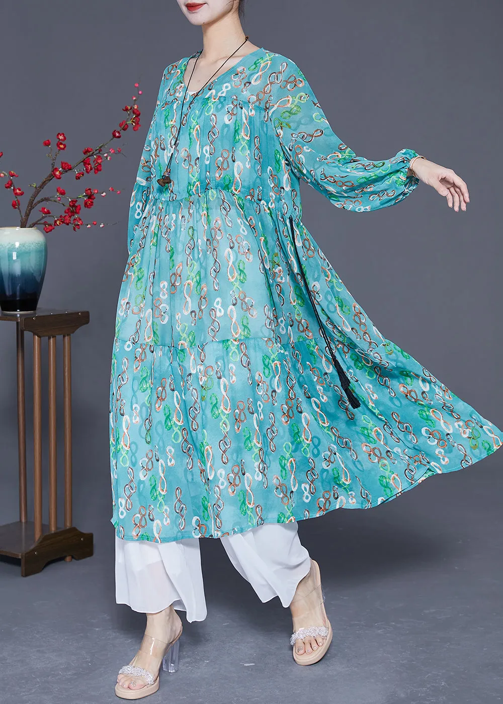 Elegant Green Cinched Print Chiffon Long Dresses Summer LY3613