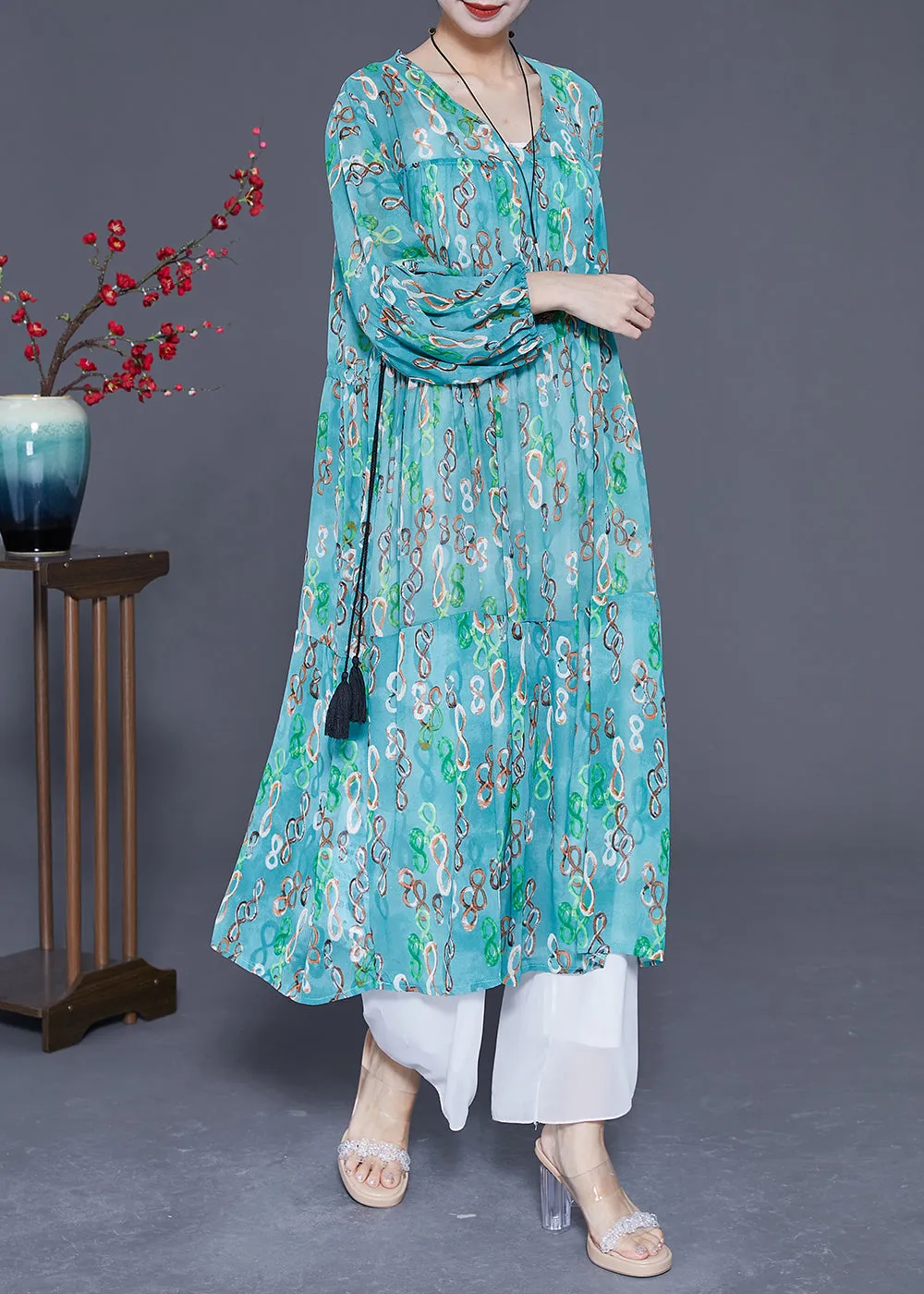 Elegant Green Cinched Print Chiffon Long Dresses Summer LY3613