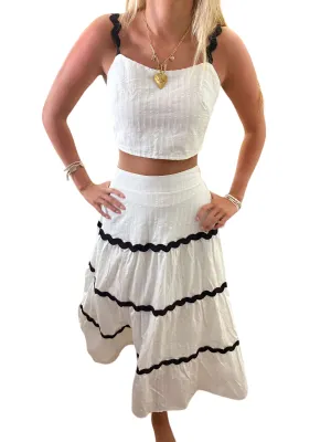 Embroidered Elegance: Black & White Maxi Skirt and Crop Top Set