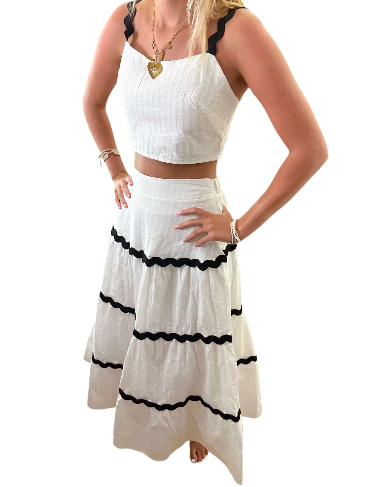 Embroidered Elegance: Black & White Maxi Skirt and Crop Top Set