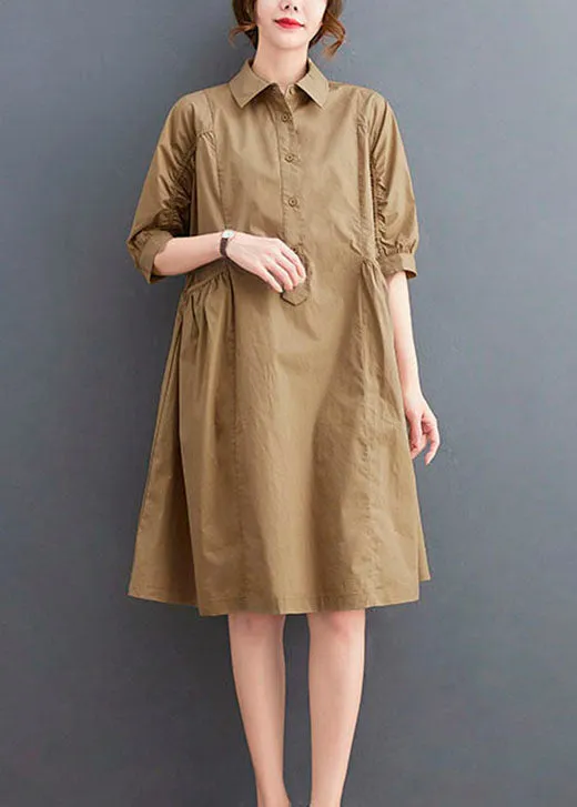 Fashion Khaki Peter Pan Collar Button Cotton Dresses Half Sleeve