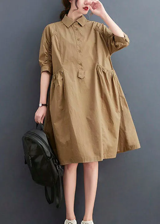 Fashion Khaki Peter Pan Collar Button Cotton Dresses Half Sleeve