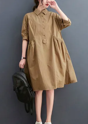 Fashion Khaki Peter Pan Collar Button Cotton Dresses Half Sleeve