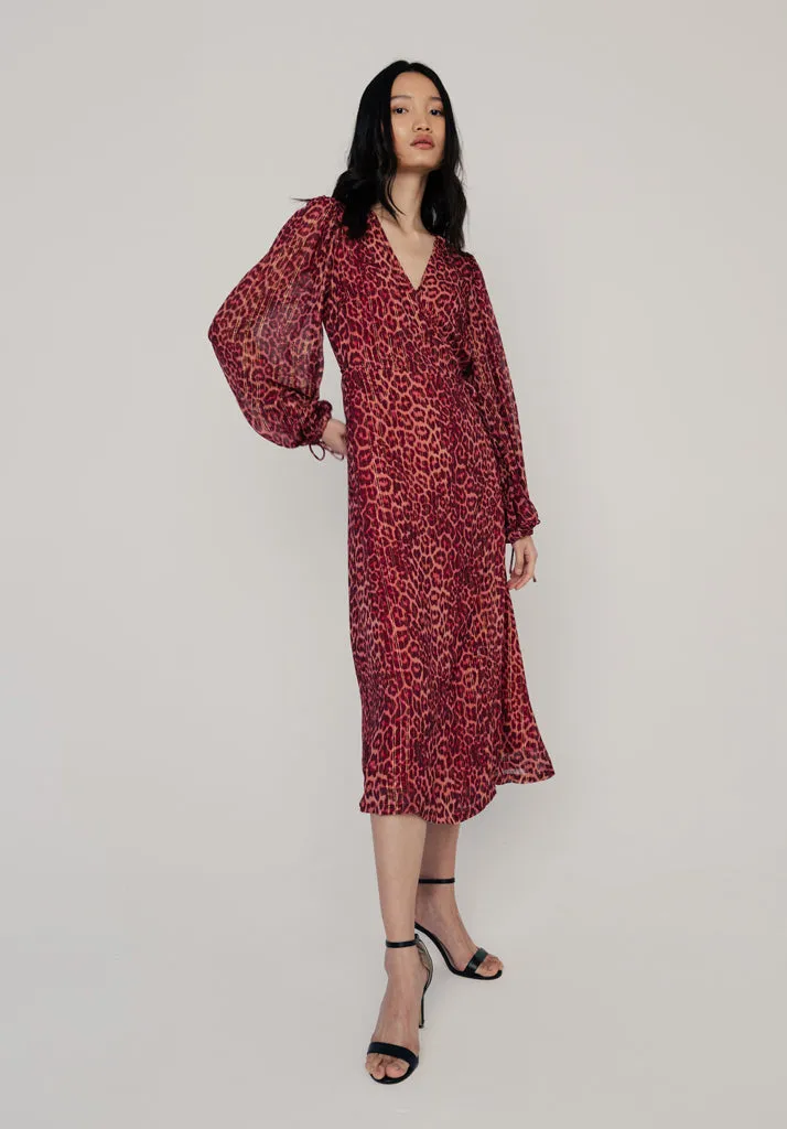 Fifi Wrap Leopard Print Midi Dress In Burgundy