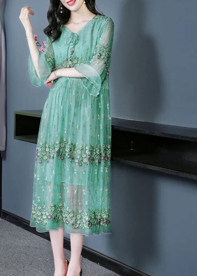 Fine Grass Green Embroideried Patchwork Silk Maxi Dresses Summer LY0741