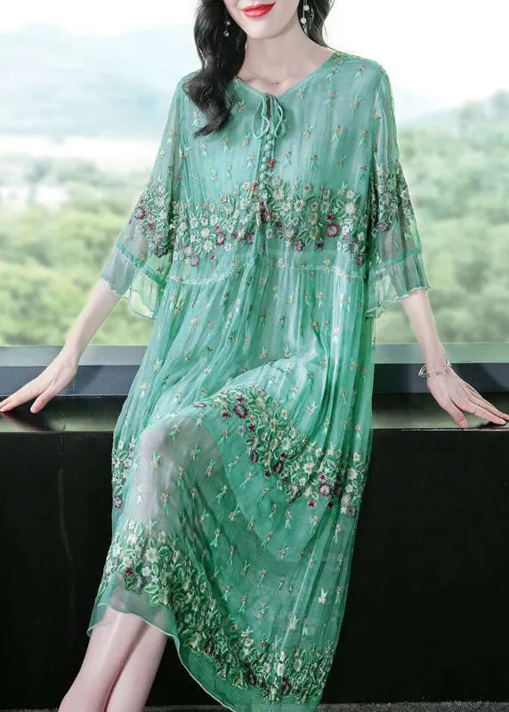 Fine Grass Green Embroideried Patchwork Silk Maxi Dresses Summer LY0741