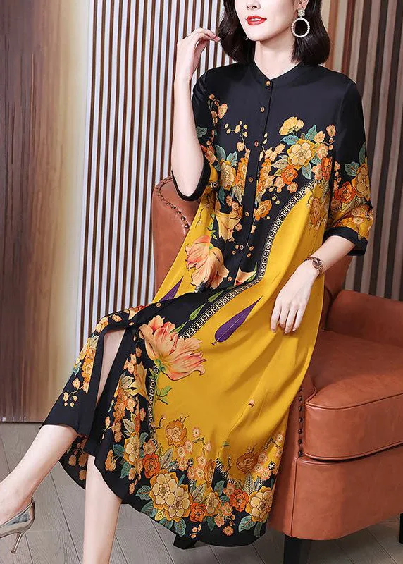 Fine Yellow Print Button Silk Long Shirts Dresses Summer LY7474