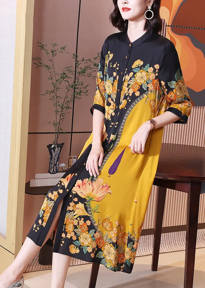 Fine Yellow Print Button Silk Long Shirts Dresses Summer LY7474