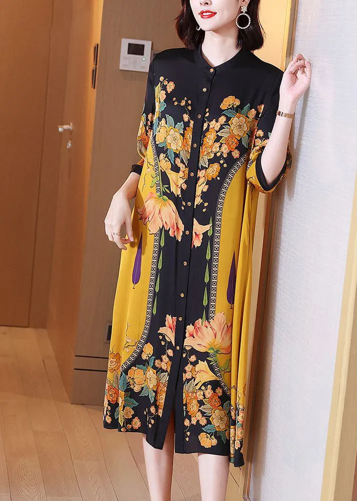 Fine Yellow Print Button Silk Long Shirts Dresses Summer LY7474