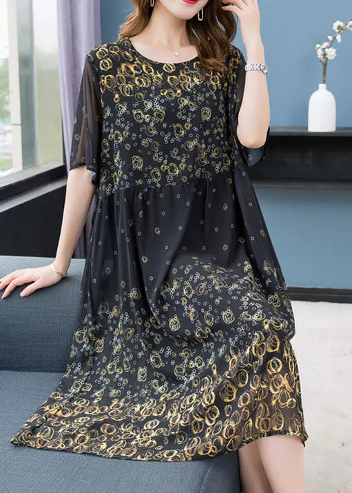 Fine Yellow Print Wrinkled Patchwork Chiffon Dresses Summer LY6802