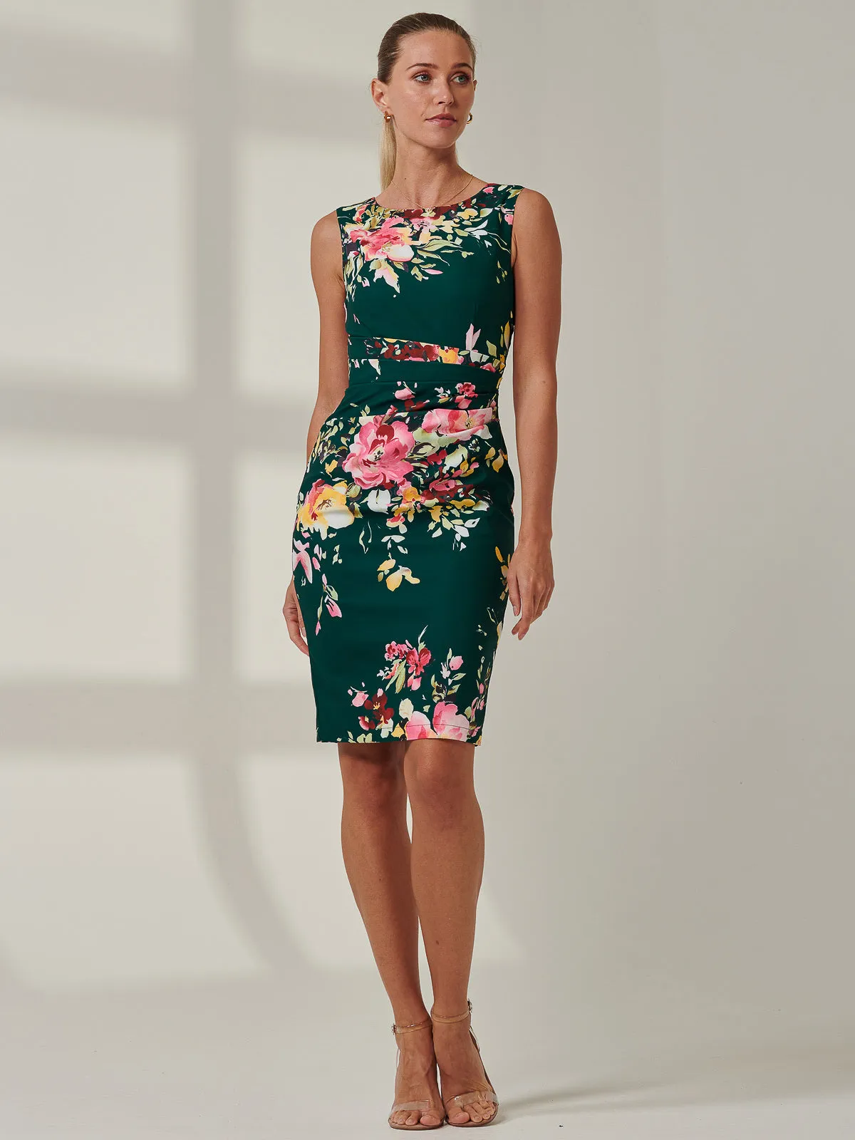 Floral Print Ruched Shift Dress, Dark Green