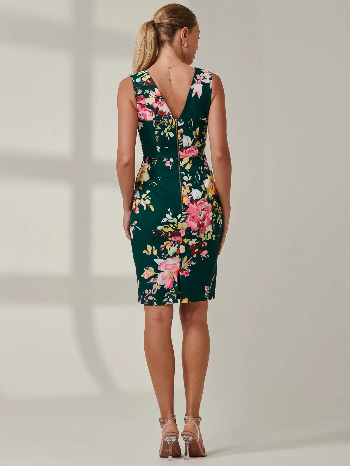 Floral Print Ruched Shift Dress, Dark Green