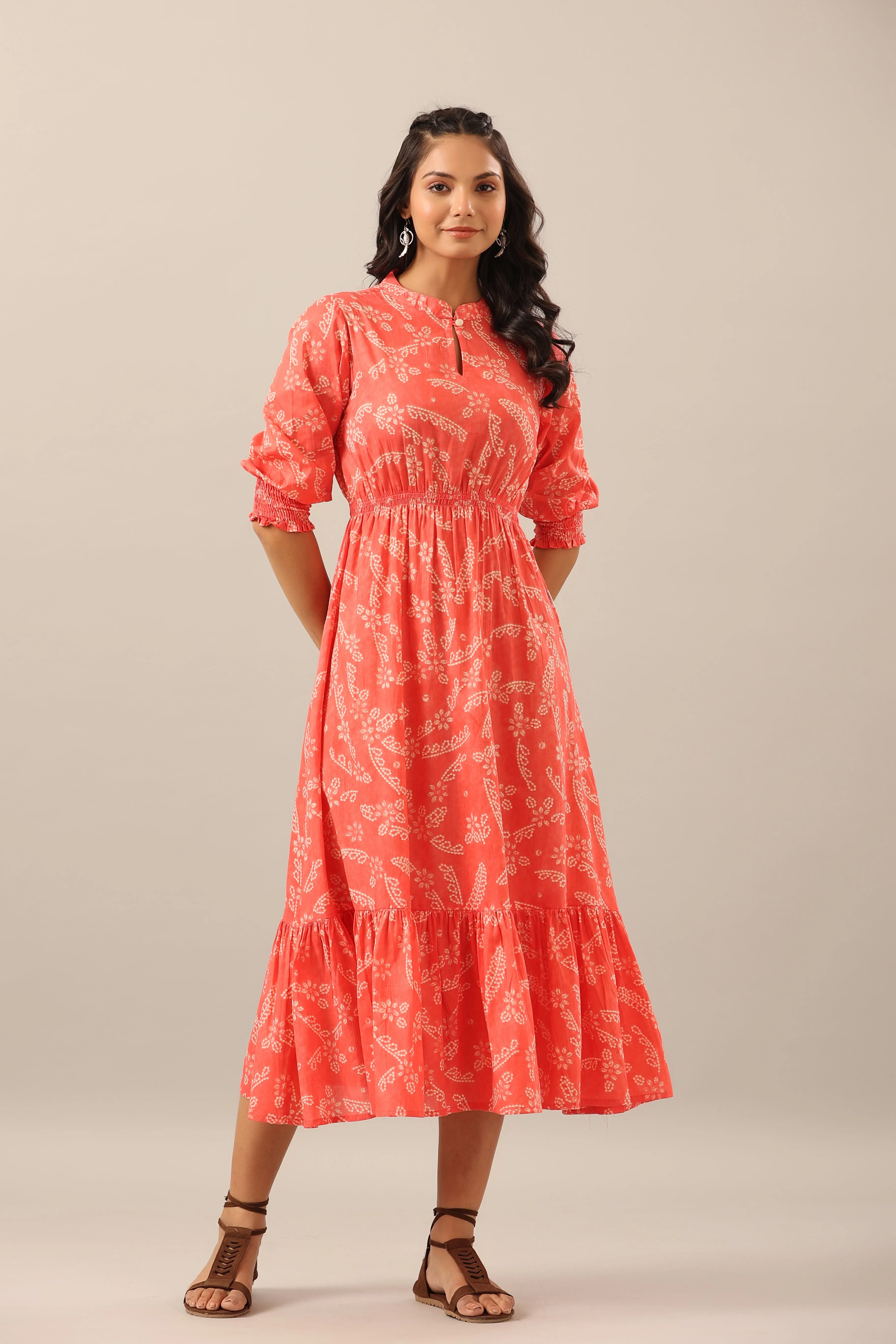 Floral Shibori on Cotton Pink Midi dress