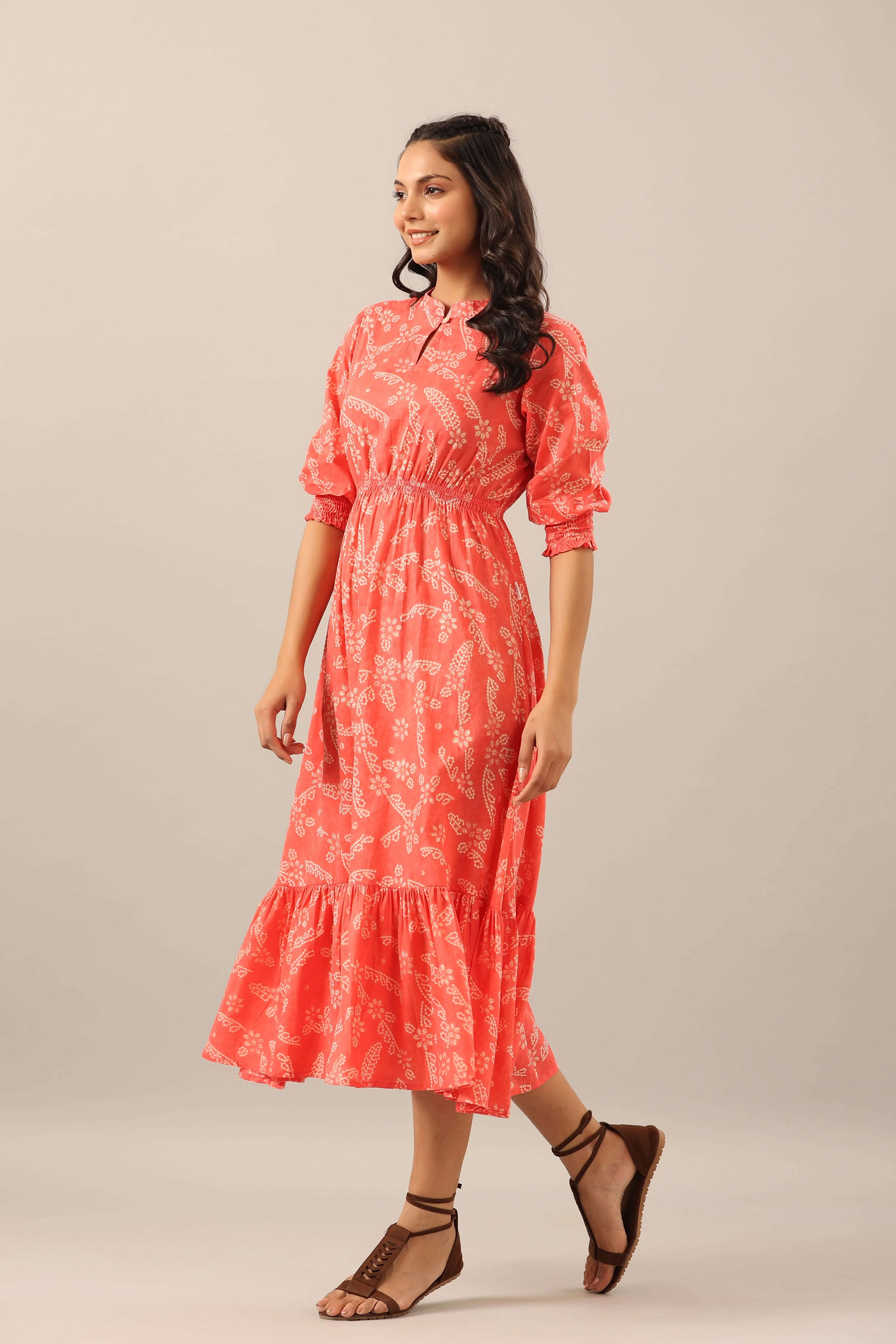 Floral Shibori on Cotton Pink Midi dress