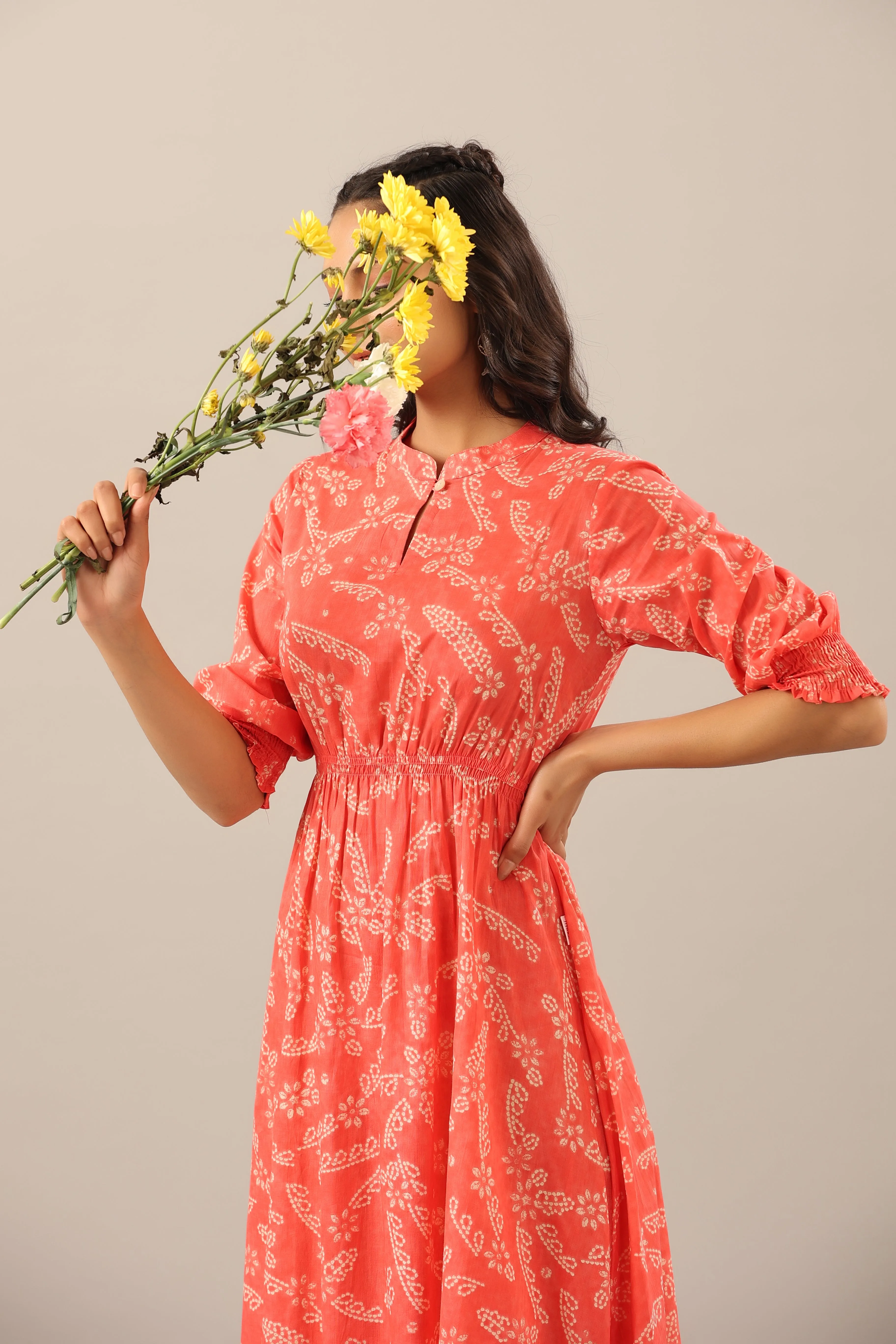 Floral Shibori on Cotton Pink Midi dress