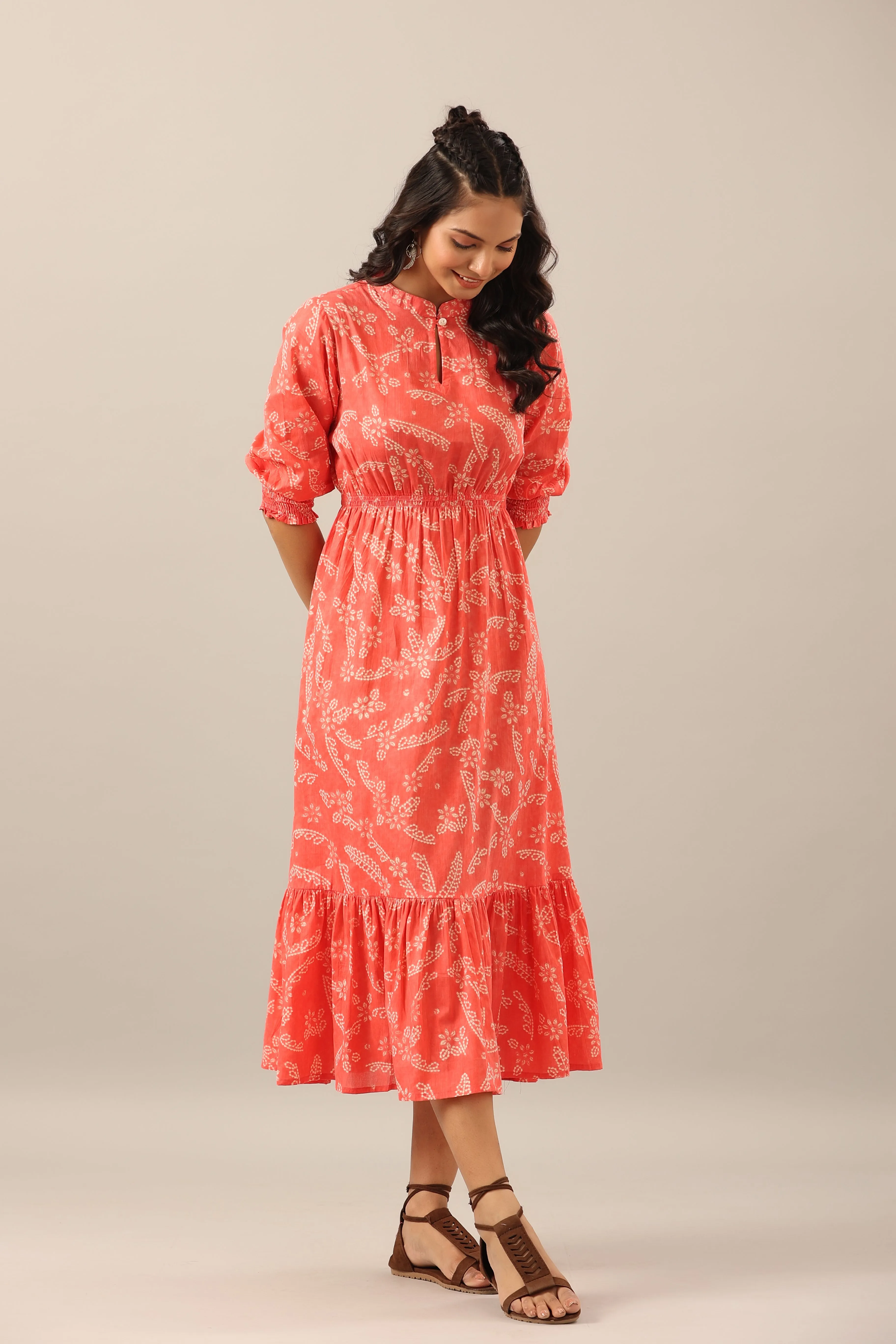 Floral Shibori on Cotton Pink Midi dress