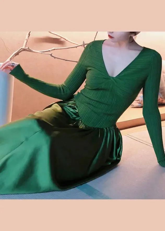 FLYTONN- Fitted Wrinkled Knit Silk Long Dresses Fall