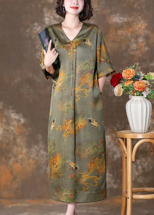 FLYTONN- Green Print Pockets Silk Dresses V Neck Half Sleeve OP1071