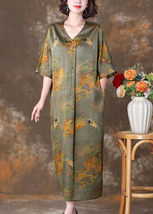 FLYTONN- Green Print Pockets Silk Dresses V Neck Half Sleeve OP1071