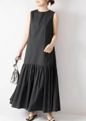 French Black O Neck Patchwork Wrinkled Cotton Dresses Sleeveless LY2126