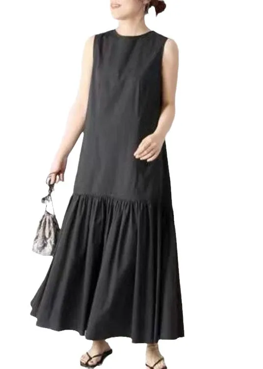 French Black O Neck Patchwork Wrinkled Cotton Dresses Sleeveless LY2126