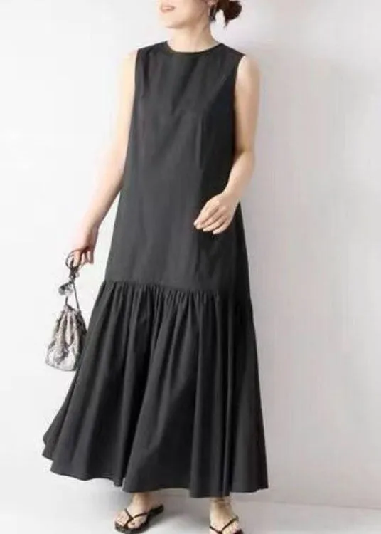 French Black O Neck Patchwork Wrinkled Cotton Dresses Sleeveless LY2126