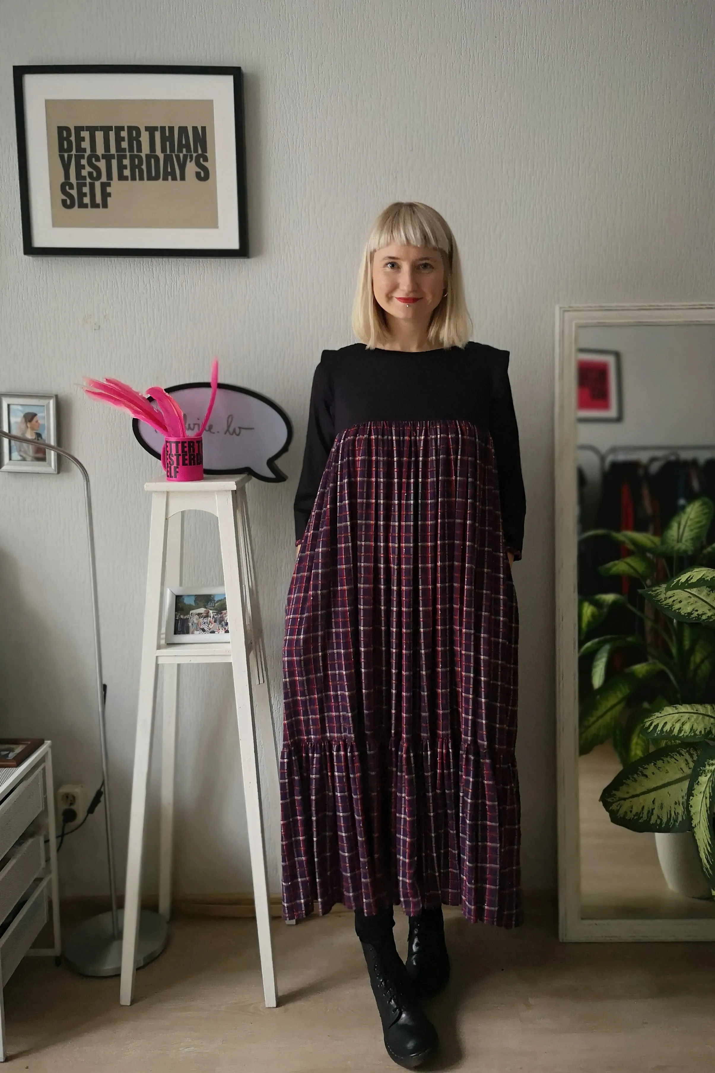 Fun, Comfy and Romantic Ruffle Dress with Beautiful Tartan Pattern Cotton Fabric and 3/4 Sleeves