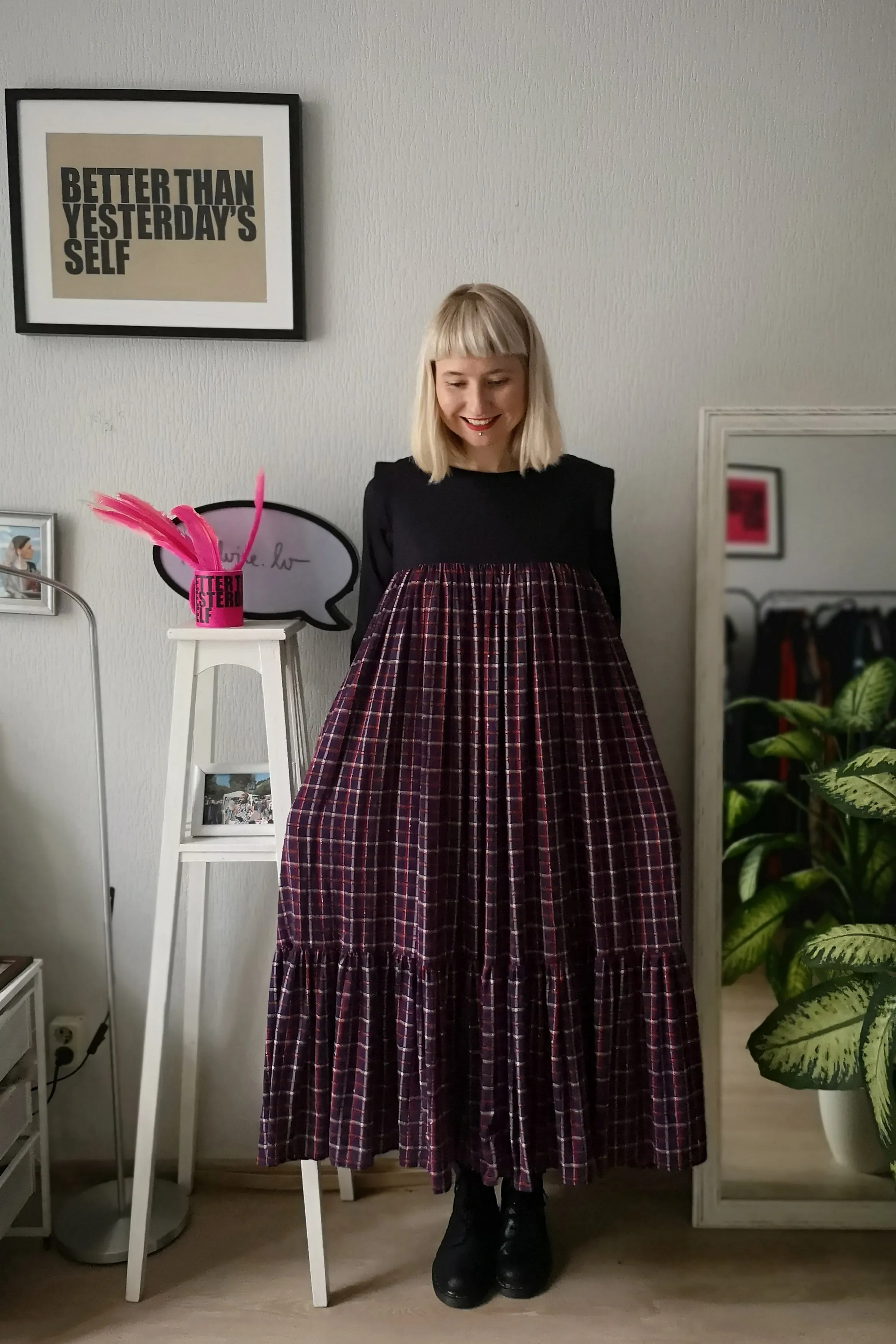 Fun, Comfy and Romantic Ruffle Dress with Beautiful Tartan Pattern Cotton Fabric and 3/4 Sleeves