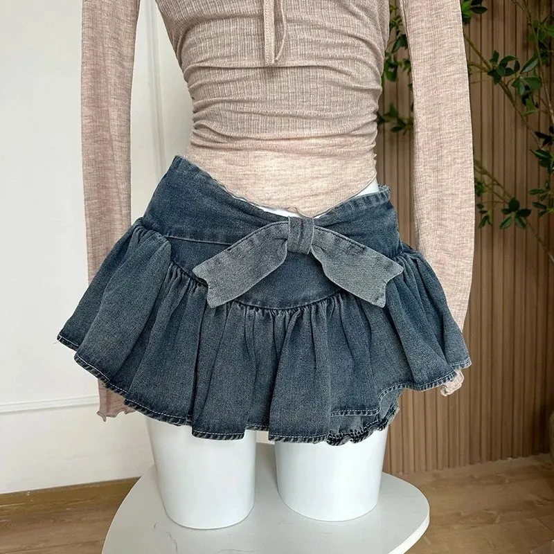 Girlary A-line Women Denim Blue Jean Skirts Shorts Summer Bow Hot Girls Mini Skirt Streetwear Sexy Y2k Irregular Kawaii Coquette