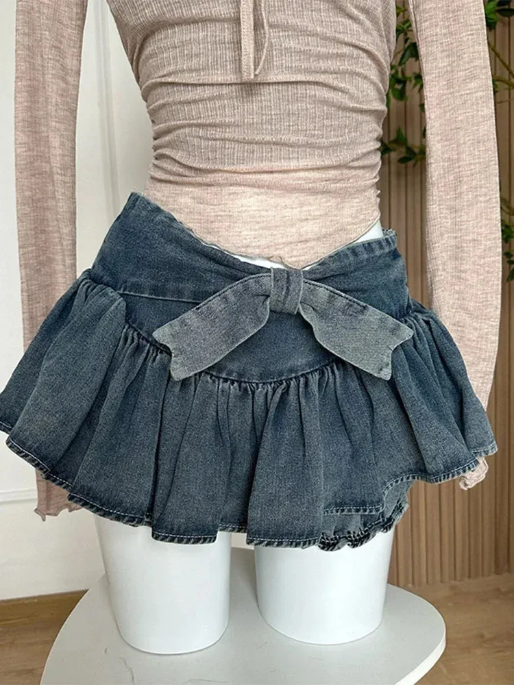 Girlary A-line Women Denim Blue Jean Skirts Shorts Summer Bow Hot Girls Mini Skirt Streetwear Sexy Y2k Irregular Kawaii Coquette