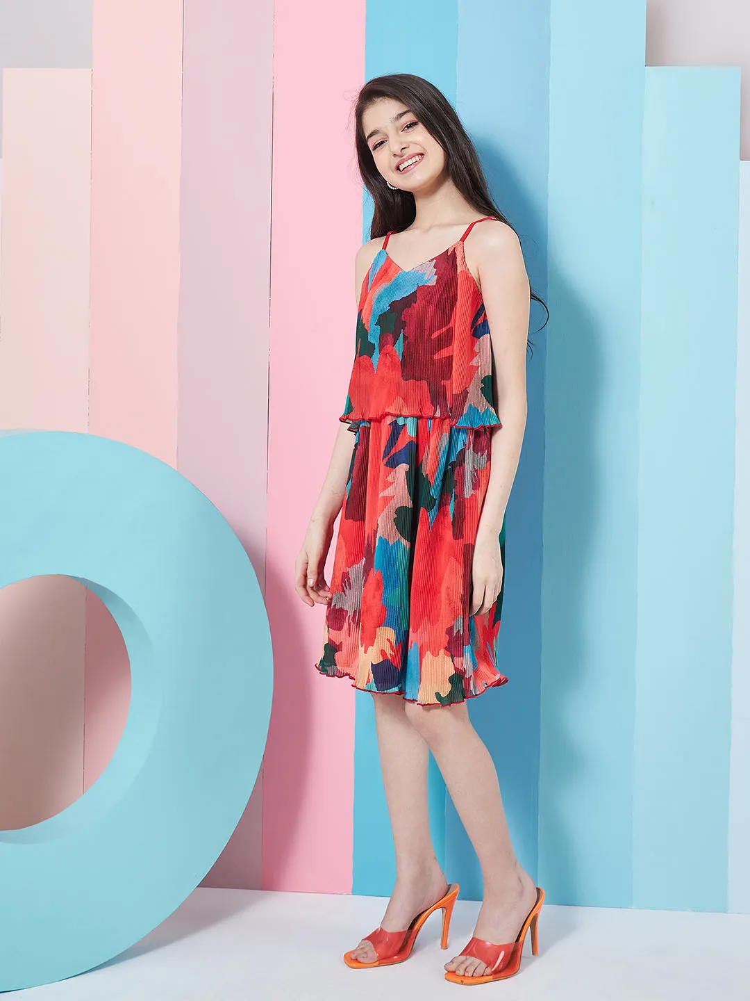 Girls Abstract Printed Georgette Fit Flare Dress - PS Peaches