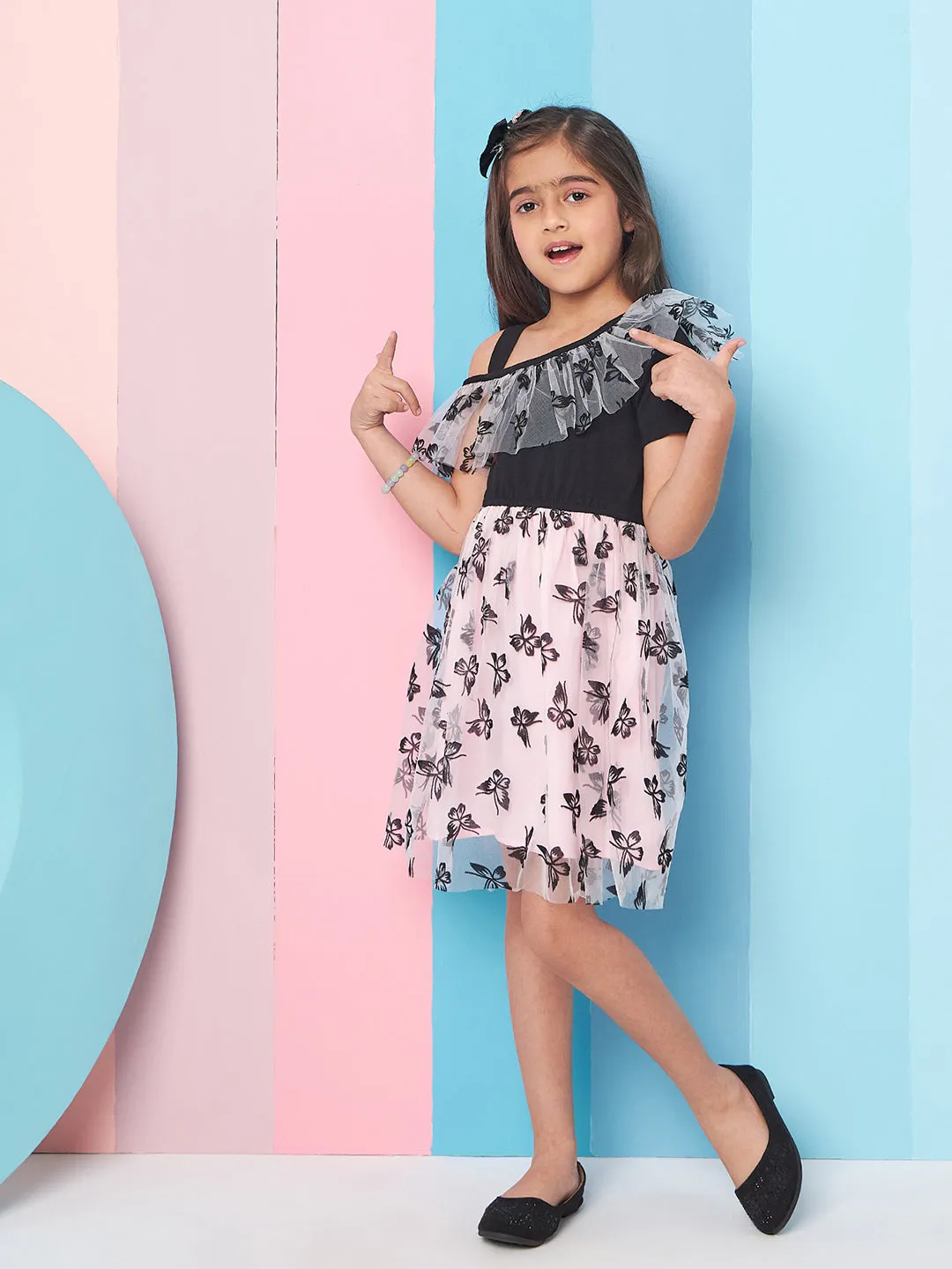 Girls Floral Print Cold-Shoulder Woollen Net Fit Flare Dress - PS Peaches