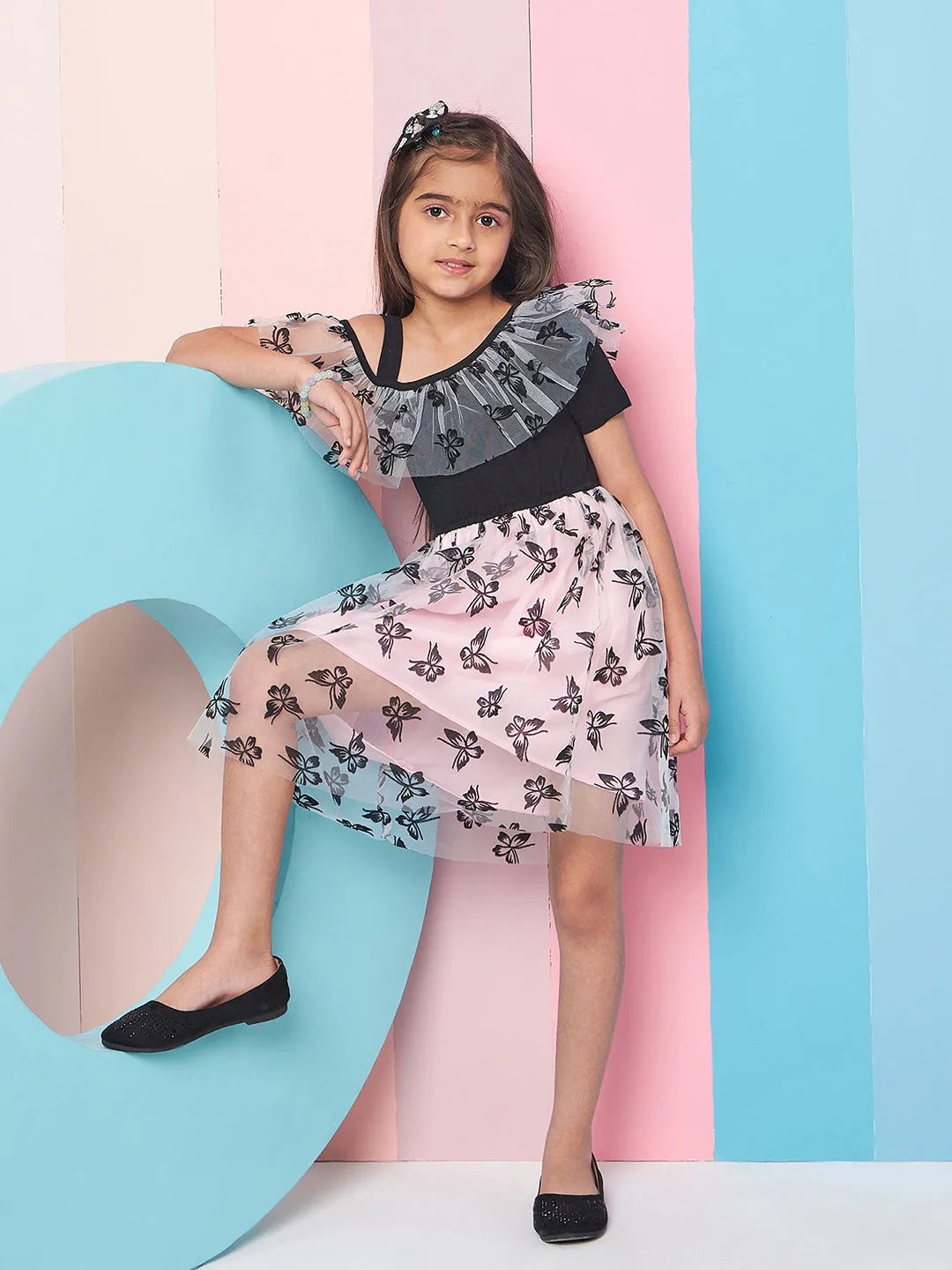 Girls Floral Print Cold-Shoulder Woollen Net Fit Flare Dress - PS Peaches