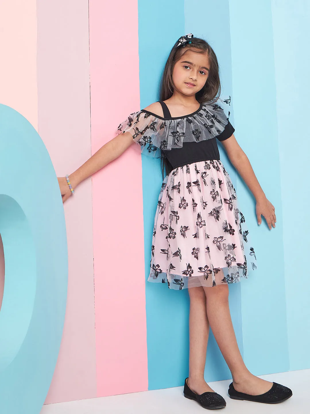 Girls Floral Print Cold-Shoulder Woollen Net Fit Flare Dress - PS Peaches